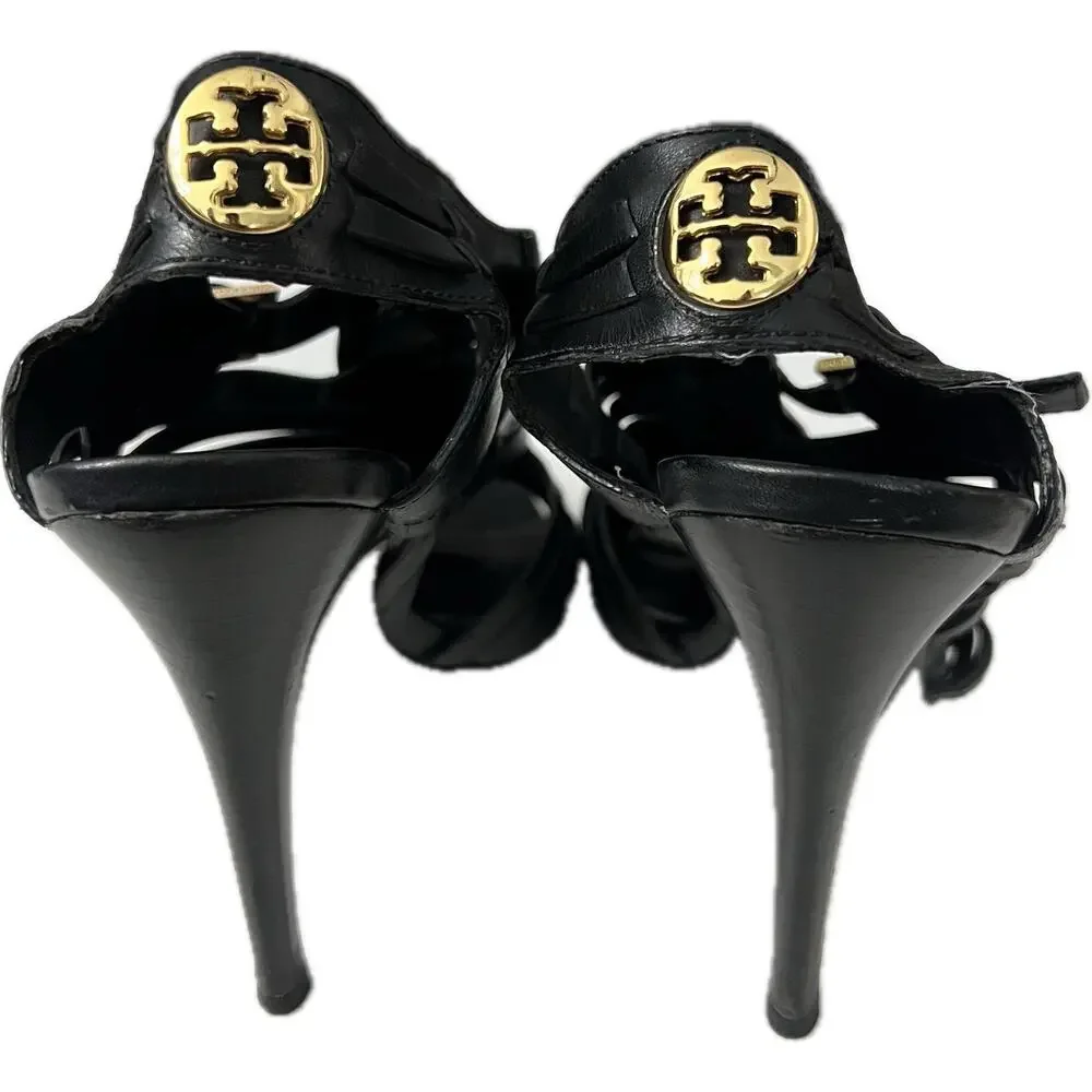 Tory Burch Nadia Black Strappy Woven Leather Heels Size 8.5 M